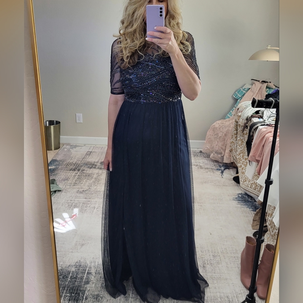 Adrianna Papell Women's Beaded Bodice Mesh Gown Color Midnight Blue Size 4